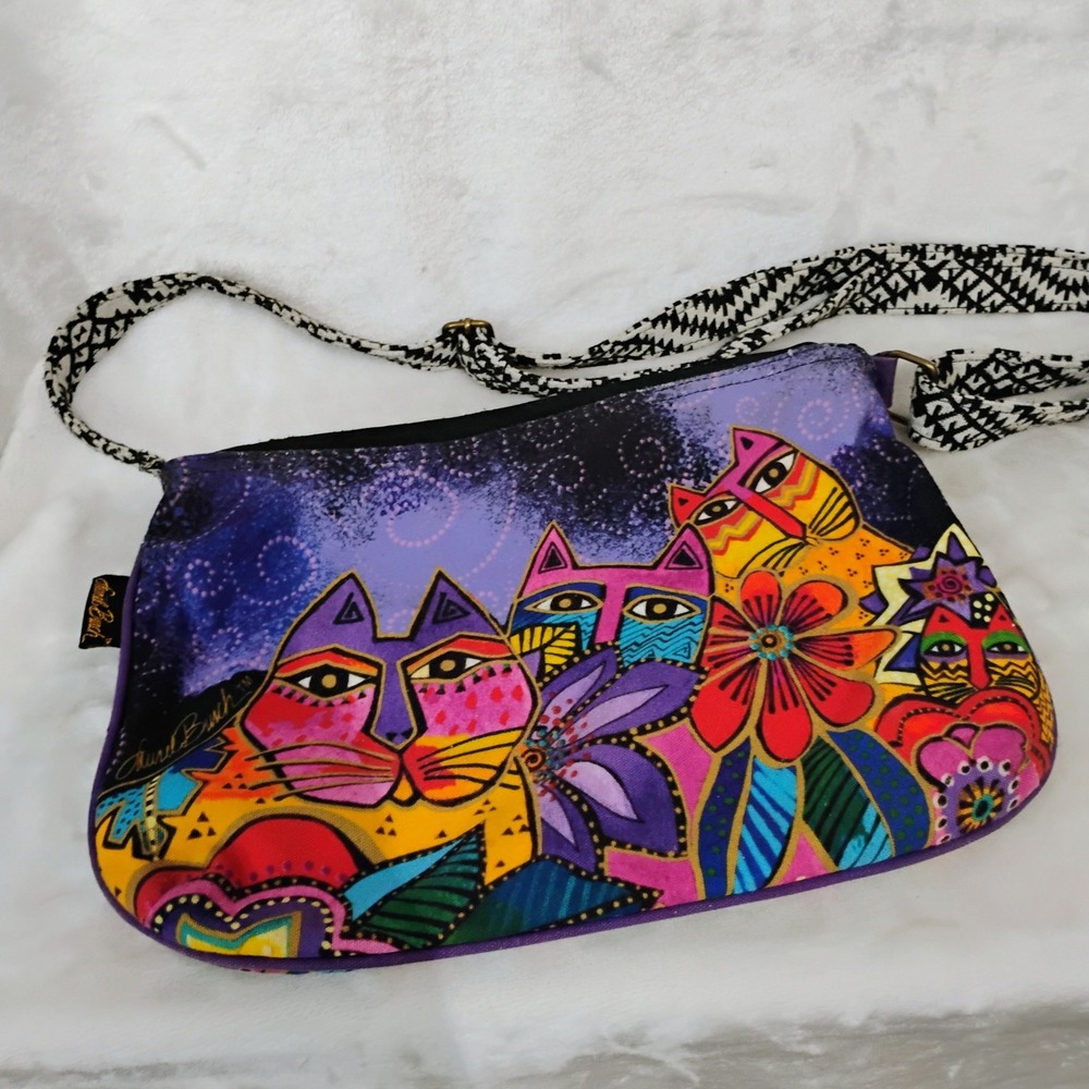 Laurel Burch Cat Floral Canvas Crossbody Bag Purple Multi Color Artistic Boho X